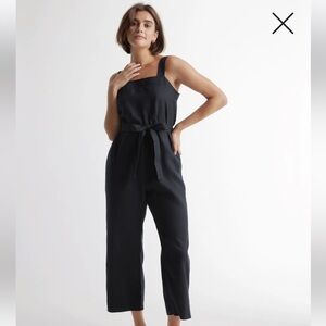 Quince Women’s Black Linen Jumpsuit sz M Sleeveless Square Neck Belted
